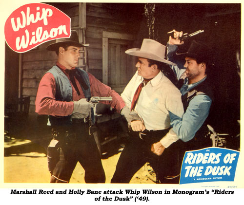 Marshall Reed and Holly Bane attack Whip Wilson in Monogram's "Riders of the Dusk" ('49).