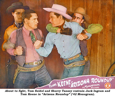 About to fight, Tom Seidel and Sherry Tansey restrain Jack Ingram and Tom Keene in "Arizona Roundup" ('42 Monogram).