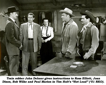 Train robber John Dehner gives instructions to Ross Elliott, Joan Dixon, Bob Wilke and Paul Marion in Tim Holt's "Hot Lead" ('51 RKO).