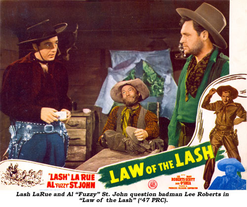Lash LaRue and Al "Fuzzy" St. John question badman Lee Roberts in "Law of the Lash" ('47 PRC).