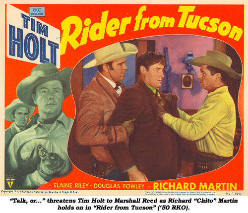 "Talk or..." threatens Tim Holt to Marshall Reed as Richard "Chito" Martin holds on in "Rider from Tucson" ('50 RKO)>