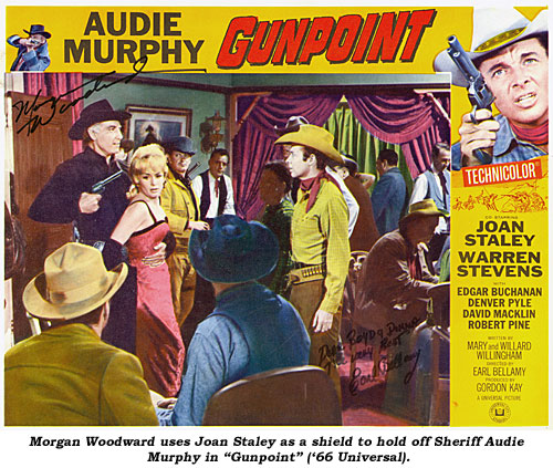 Morgan Woodward uses Joan Staley as a shield to hold off Sheriff Audie Murphy in "Gunpoint" ('66 Universal).
