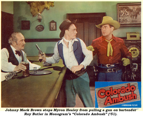 Johnny Mack Brown stops Myron Healey from pulling a gun on bartender Roy Butler in Monogram's "Colorado Ambush" ('51).