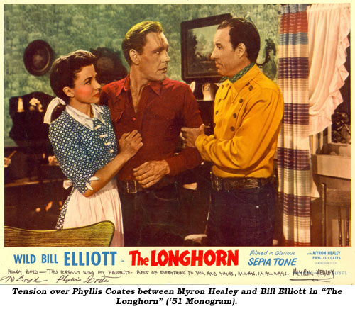 Tension over Phyllis Coates between Myron Healey and Bill Elliott in "The Longhorn" ('51 Monogram).