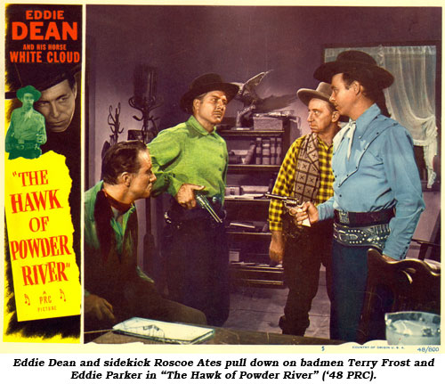 Eddie Dean and sidekick Roscoe Ates pull down on badmen Terry Frost and Eddie Parker in "The Hawk of Powder River" ('48 PRC).