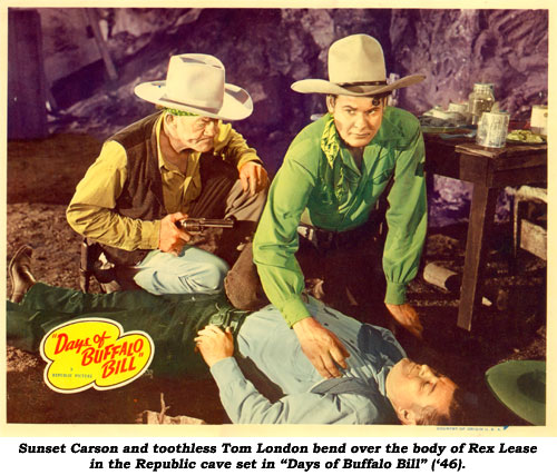 Sunset Carson and toothless Tom London bend over the body of Rex Lease in the Republic cave set in "Days of Buffalo Bill" ('46).