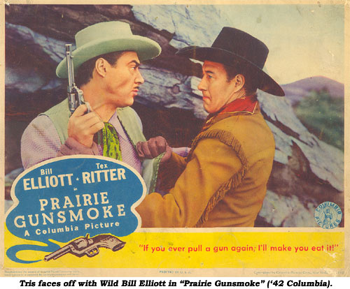 Tris Coffin faces off with Wild Bill Elliott in this lobby card from  "Prairie Gunsmoke" ('42 Universal).