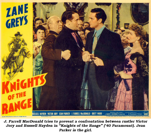 J. Farrell MacDonald tries to prevent a confrontation between rustler Victor Jory and Russell Hayden in "Knights of the Range" ('40 Paramount). Jean Parker is the girl.