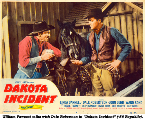 William Fawcett talks with Dale Robertson in "Dakota Incident" ('56 Republic).