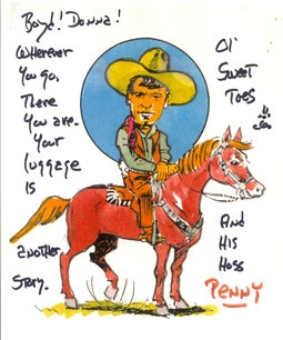 Cartoon drawing of Will on his horse Penny.