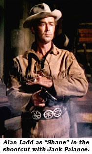 Alan Ladd as "Shane" in the shootout with Jack Palance.