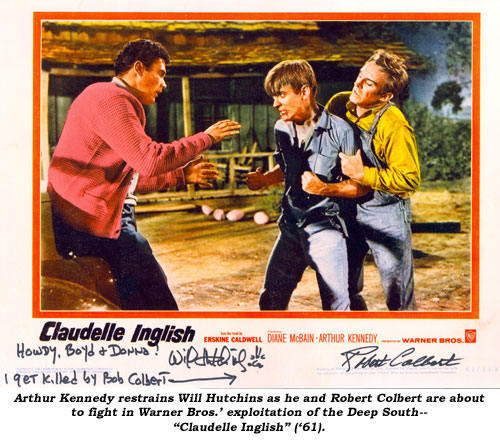 Arthur Kennedy restrains Will Hutchins as he and Robert Colbert are about to fight in Warner Bros.' exploitation of the Deep South--"Claudelle Inglish" ('61).