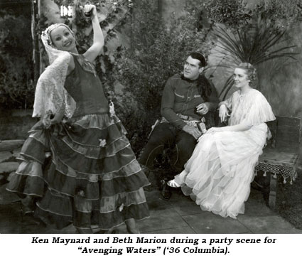Ken Maynard and Beth Marion during a party scene for "Avenging Waters" ('36 Columbia).