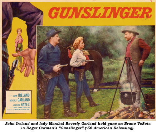 John Ireland and lady Marshal Beverly Garland hold guns on Bruno VeSota in Roger Corman's "Gunslinger" ('56 American Releasing).