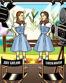 Cartoon drawing of Judy Garland with her stand-in Caren Marsh both dressed as Dorothy in the "Wizard of Oz".