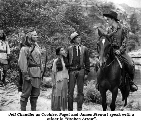 Jeff Chandler as Cochise, Paget and James Stewart speak with a miner in "Broken Arrow".