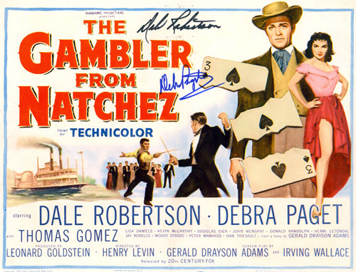 Title card for "The Gambler from Natchez" starring Dale Robertson and Debra Paget.