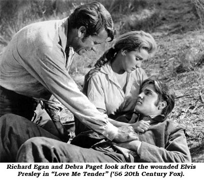 Richard Egan and Debra Paget look after the wounded Elvis Presley in "Love Me Tender" ('56 20th Century Fox).