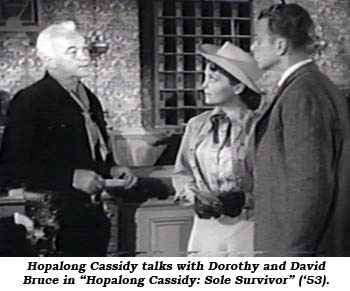 Hopalong Cassidy talks with Dorothy and David Bruce in "Hopalong Cassidy: Sole Survivor" ('53).