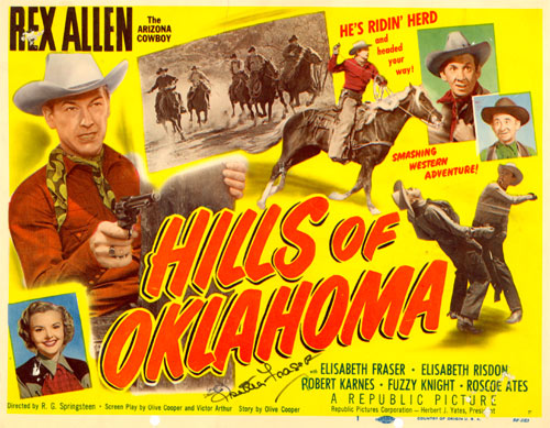 Title card for "Hills of Oklahoma" starring Rex Allen and Elizabeth Fraser.