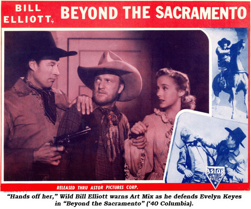 "Hands off her," Wild Bill Elliott warns Art Mix as he defends Evelyn Keyes "Beyond the Sacramento" ('40 Columbia).