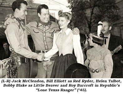(L-R) Jack McClendon, Bill Elliott as Red Ryder, Helen Talbot, Bobby Blake as Little Beaver and Roy Barcroft in Republic's "Lone Texas Ranger" ('45).