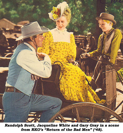 Randolph Scott, Jacqueline White and Gary Gray in a scene from RKO's "Return of the Bad Men" ('48).