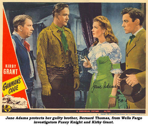 Jane Adams protects her guilty brother, Bernard Thomas, from Wells Fargo investigators Fuzzy Knight and Kirby Grant on this lobby card from "Gunman's Code".