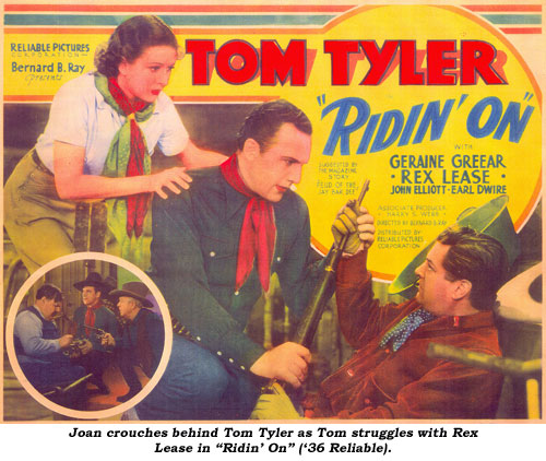 Joan crouches behind Tom Tyler as Tom struggles with Rex Lease in "Ridin' On" ('36 Reliable).