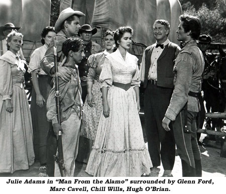 Julie Adams in "Man From the Alamo" surrounded by Glenn Ford, Marc Cavell, Chill Wills, Hugh O'Brian.