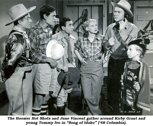 The Hoosier Hot Shots and June Vincent gather around Kirby Grant and young Tommy Ivo in "Song of Idaho" ('48 Columbia).