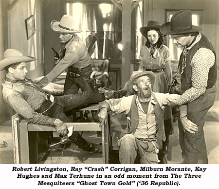 Robert Livingston, Ray "Crash" Corrigan, Milburn Morante, Kay Hughes and Max Terhune in an odd moment from The Three Mesquiteers "Ghost Town Gold" ('36 Republic).