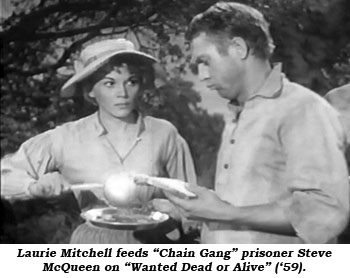 Laurie Mitchell feeds "Chain Gang" prisoner Steve McQueen on "Wanted Dead or Alive" ('59).