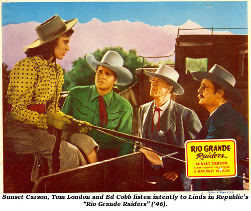 Sunset Carson, Tom London and Ed Cobb listen intently to Linda in Republic's "Rio Grande Raiders" ('46).