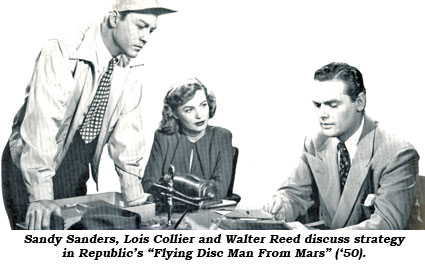 Sandy Sanders, Lois Collier and Walter Reed discuss strategy in Republic's "Flying Disc Man From Mars" ('50).