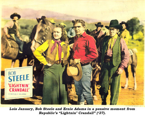 Lois January, Bob Steele and Ernie Adams in a pensive moment from Republic's "Lightnin' Crandall" ('37).