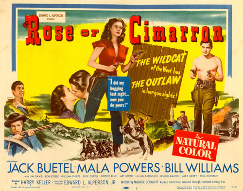 Title card for "Rose of Cimarron" starring Mala Powers.