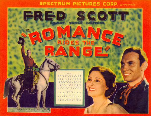 Title card for "Romance Ride the Range" starring Fred Scott and Marion Shilling.