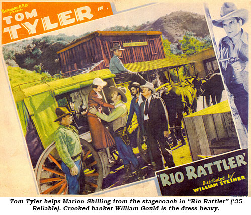 Tom Tyler helps Marion from the stagecoach in "Rio Rattler" ('35 Reliable). Crooked banker William Gould is the dress heavy.