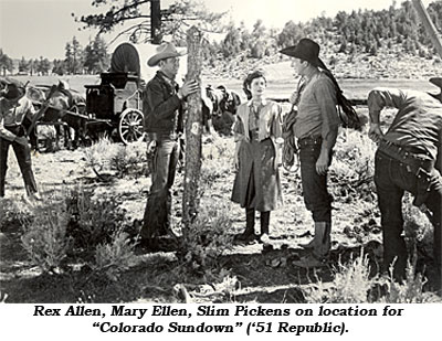Rex Allen, Mary Ellen, Slim Pickens on loaction for "Colorado Sundown" ('51 Republic).