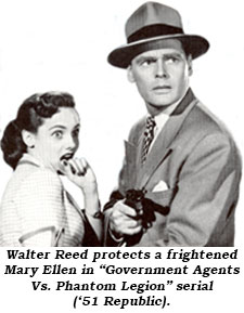 Walter Reed protects a frightened Mary Ellen in "Government Agents Vs. Phanton Legion" serial ('31 Republic).