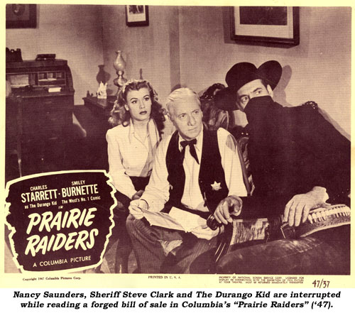 Nancy Saunders, Sheriff Steve Clark and The Durango Kid are interrupted while reading a forged bill of sale in Columbia's "Prairie Raiders" ('47).