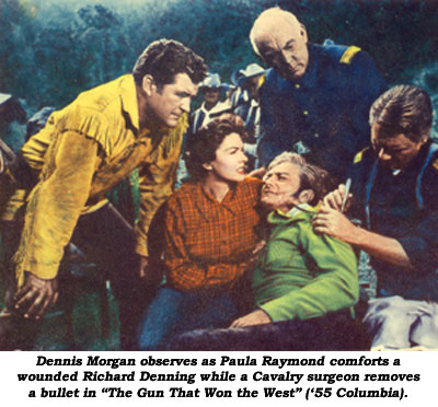 Dennis Morgan observes as Paula Raymond comforts a wounded Richard Denning while a Cavalry surgeon removes a bullet in "The Gun That Won the West" ('55 Columbia).