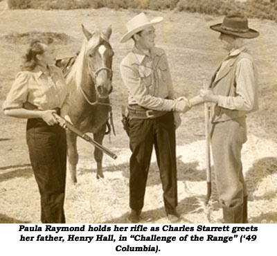 Paula Raymond holds her rifle as Charles Starrett greets her father, Henry Hall in "Challenge of the Range" ('49 Columbia).