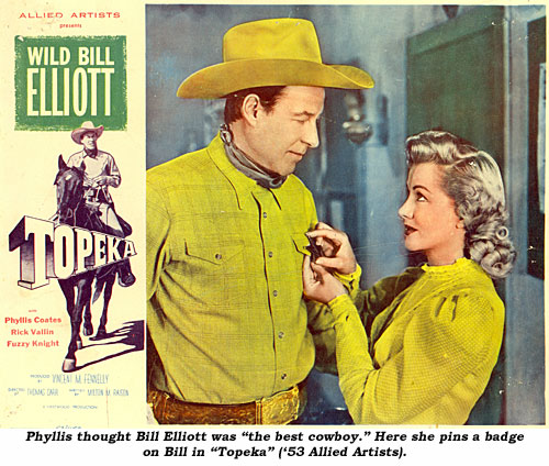 Phyllis thought Bill Elliott was "the best cowboy." Here she pins a badge on Bill in "Topeka" ('53 Allied Artists).