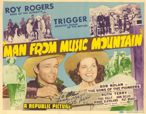 Title Card for "Man from Music Mountain" starring Roy Rogers and Ruth Terry.