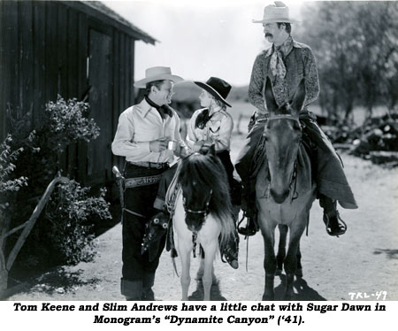 Tom Keene and Slim Andrews have a little chat with Sugar Dawn in Monogram's "Dynamite Canyon" ('41).