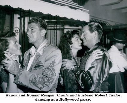 Nancy and Ronald Reagan, Ursula and husband Robert Taylor dancing at a Hollywood party.
