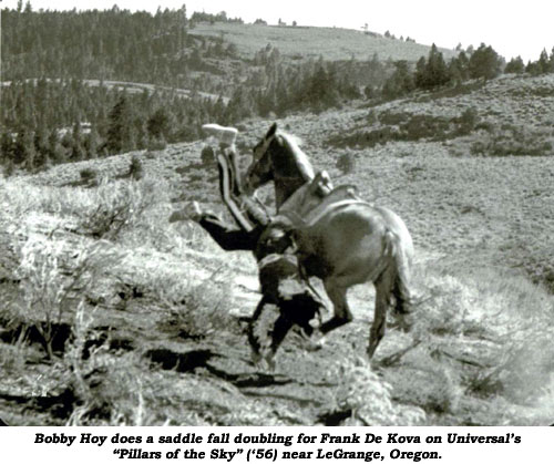 Bobby Hoy does a saddle fall doubling for Frank De Kova on Universal's "Pillars of the Sky" ('56) near LeGrange, Oregon.