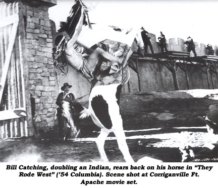 Bill Catching, doubling an Indian, rears back on his horse in "They Rode West" ('54 Columbia). Scene shot at Corriganville Ft. Apache movie set.